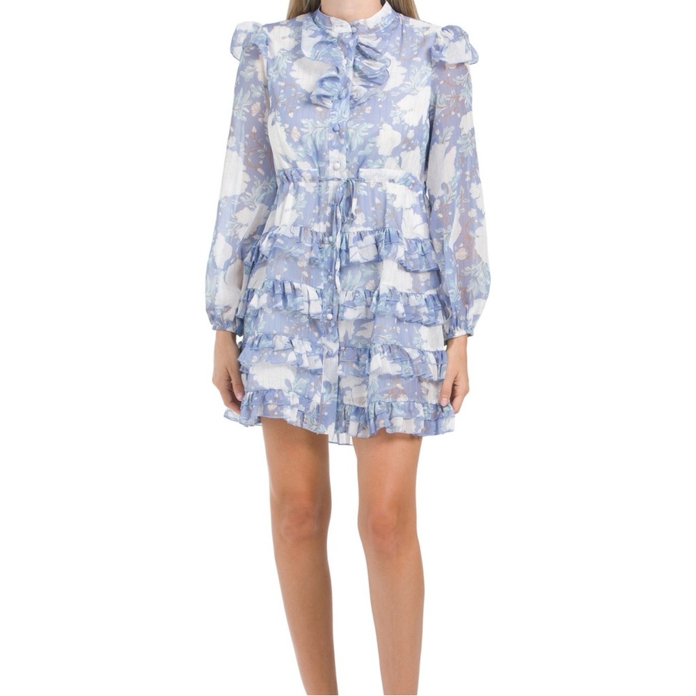 Dalia MacPhee Dainty Cottagecore Fit Flare Floral Ruffle Dress L Blue Moc‎ Neck
